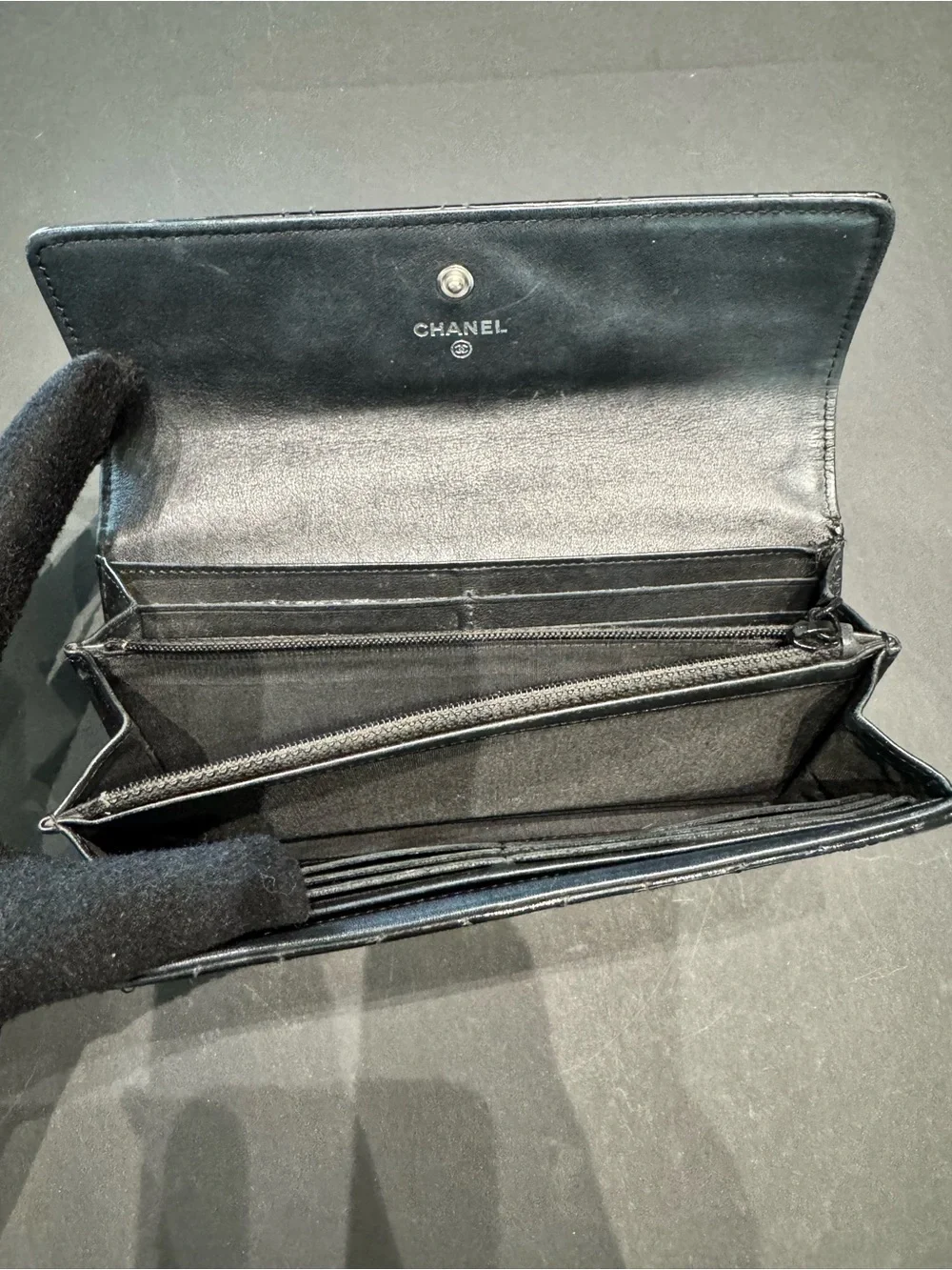 CHANEL WALLET Black Quilted Patent Leather Long wallet with Silver CC